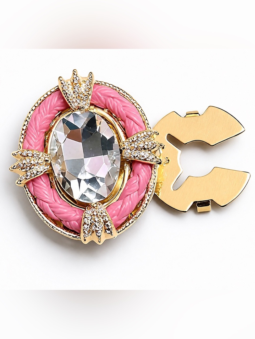 Pink Enamel & Crystal Statement Brooch – Vintage Style Gold Tone Pin - Picture 4 of 4